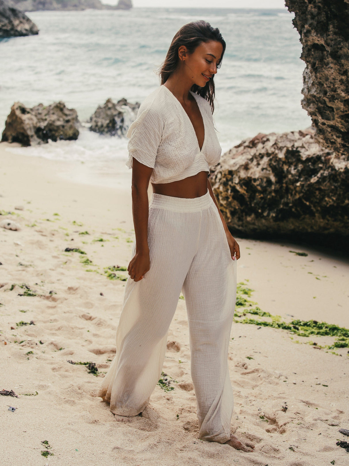 Skye Palazzo Pants - Natural With Gold Stripes - Sumiye Co