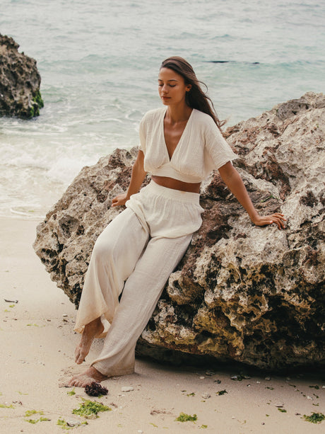 Skye Palazzo Pants - Natural With Gold Stripes - Sumiye Co