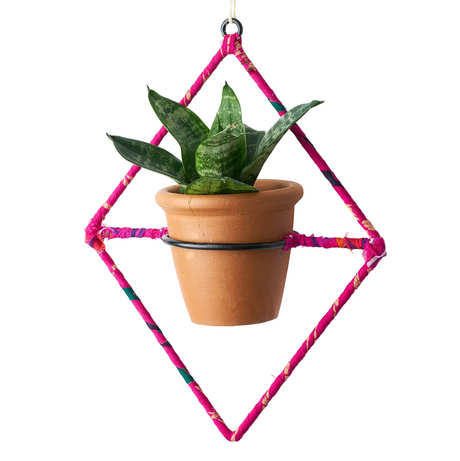 Hanging terracotta pot with a plant inside, framed by a colorful geometric structure on a white background