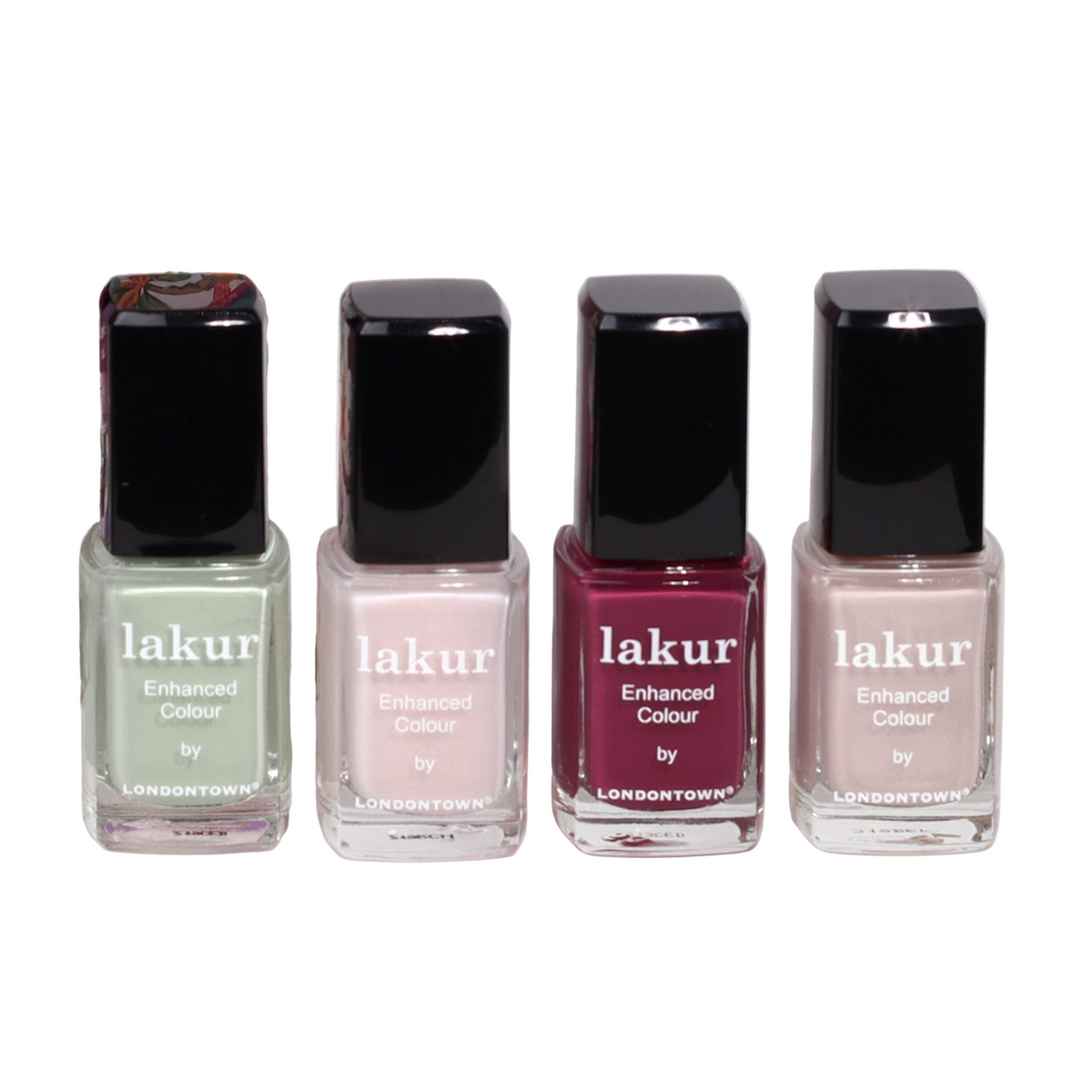 Four bottles of lakur nail polish by Londontown on a white background