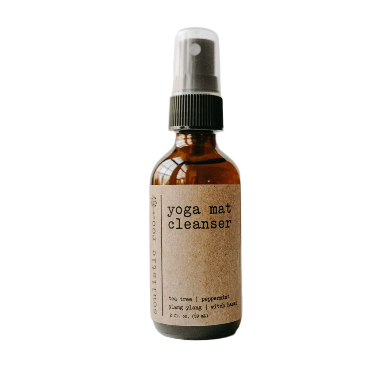 Yoga mat cleanser spray bottle with a brown label on a white background
