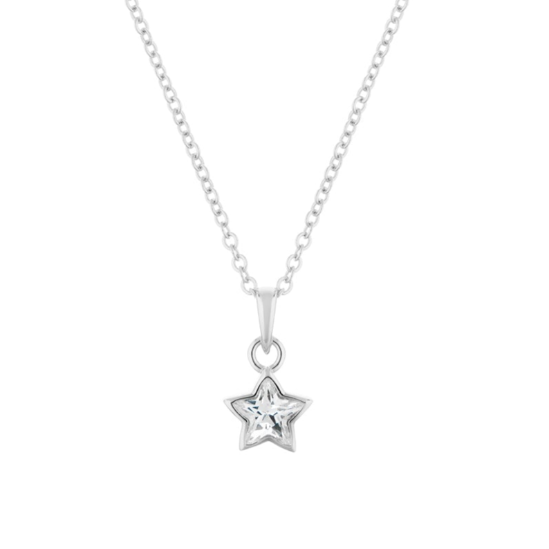 Silver star-shaped pendant necklace on a white background