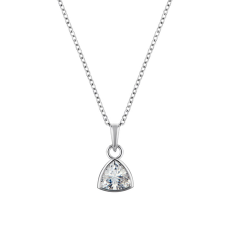Trillion cut diamond pendant on a chain against a white background