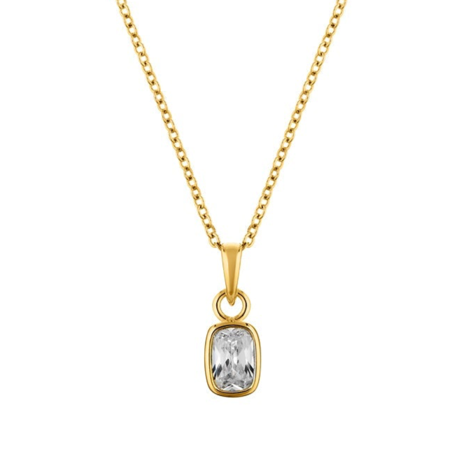 Gold necklace with a clear gemstone pendant on a white background
