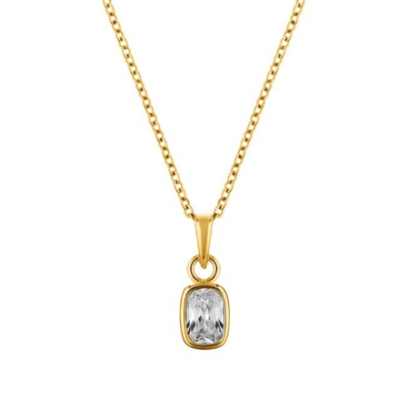 Gold necklace with a clear gemstone pendant on a white background