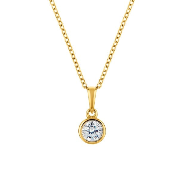 Gold necklace with a round diamond pendant on a white background