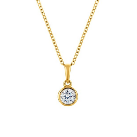 Gold necklace with a round diamond pendant on a white background