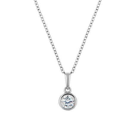 Silver necklace with a round pendant on a white background