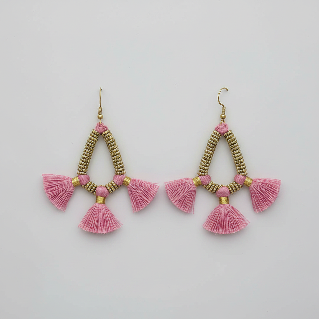 Pair of pink tassel earrings with gold accents on a light gray background