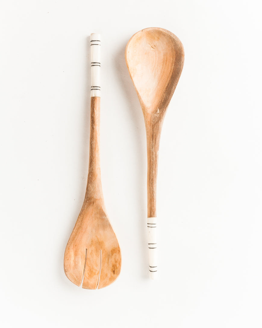 Olivewood Striped Salad Servers - Sumiye Co