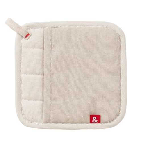 Beige pot holder with a red logo on a white background