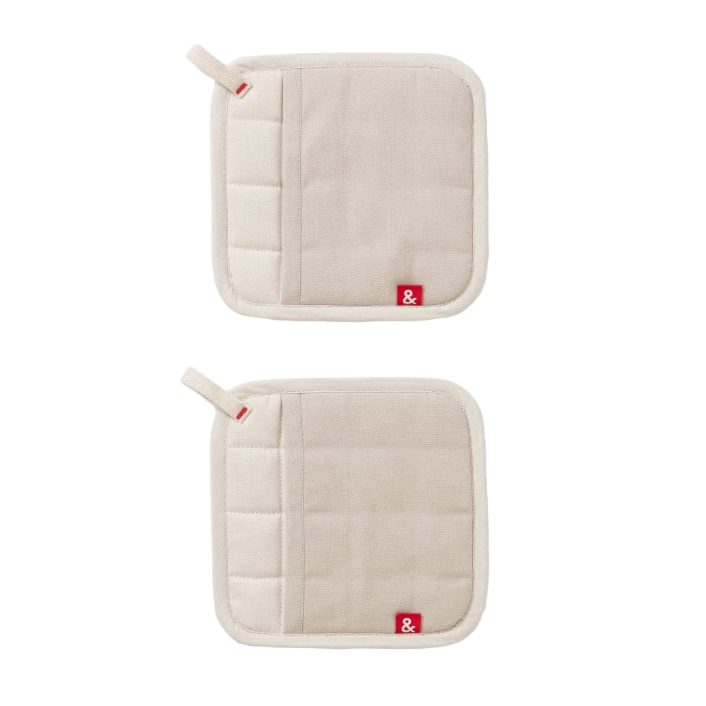Two beige pot holders with a red logo on a white background