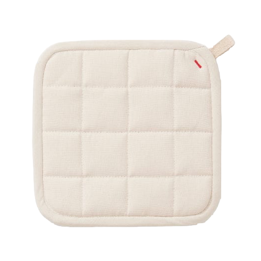 Beige quilted pot holder on a white background
