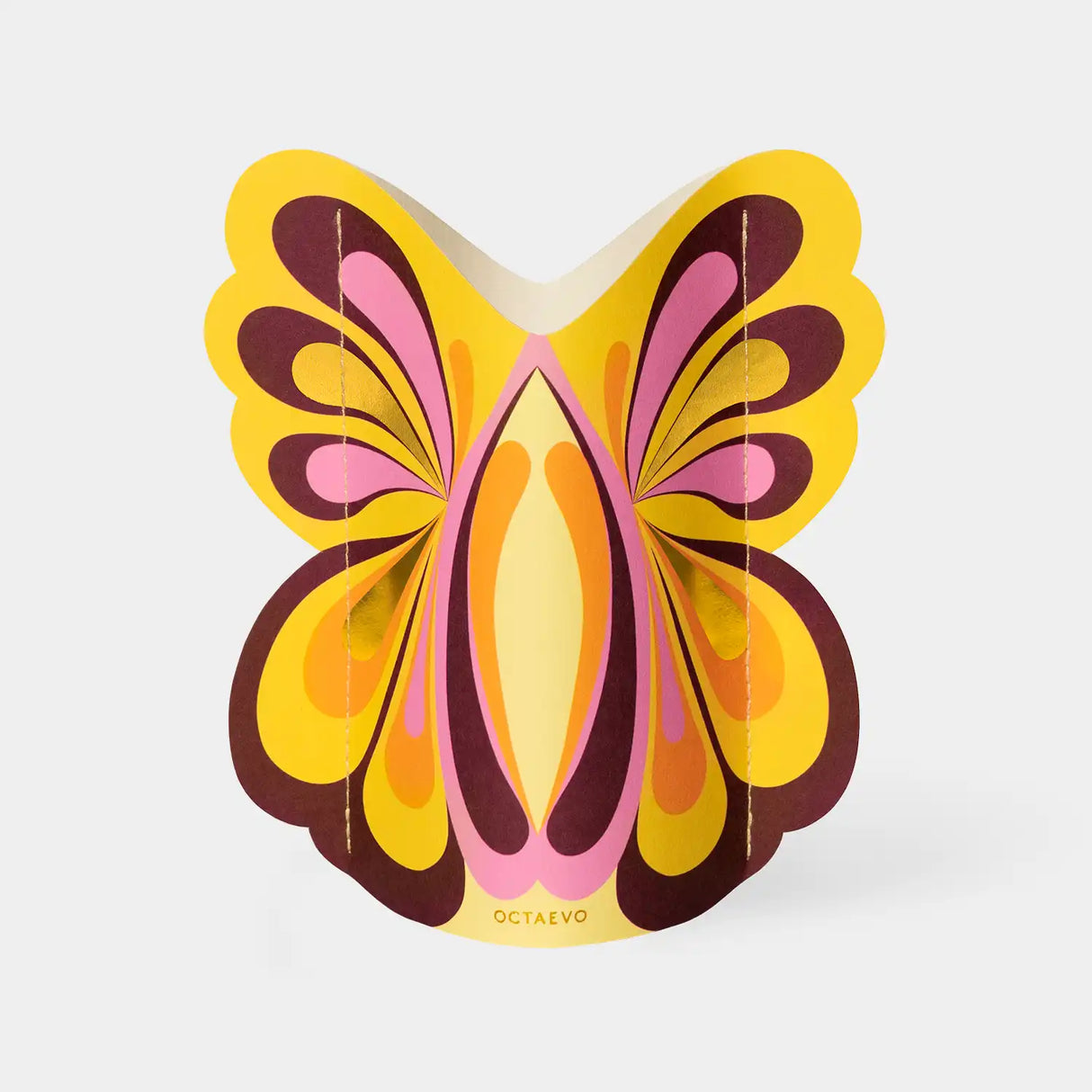 Butterfly-shaped card with colorful design on a white background