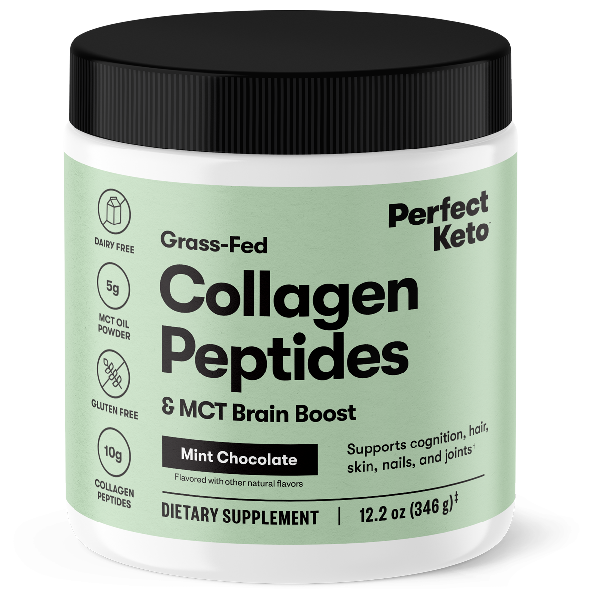 Container of Perfect Keto Collagen Peptides with a green label on a white background