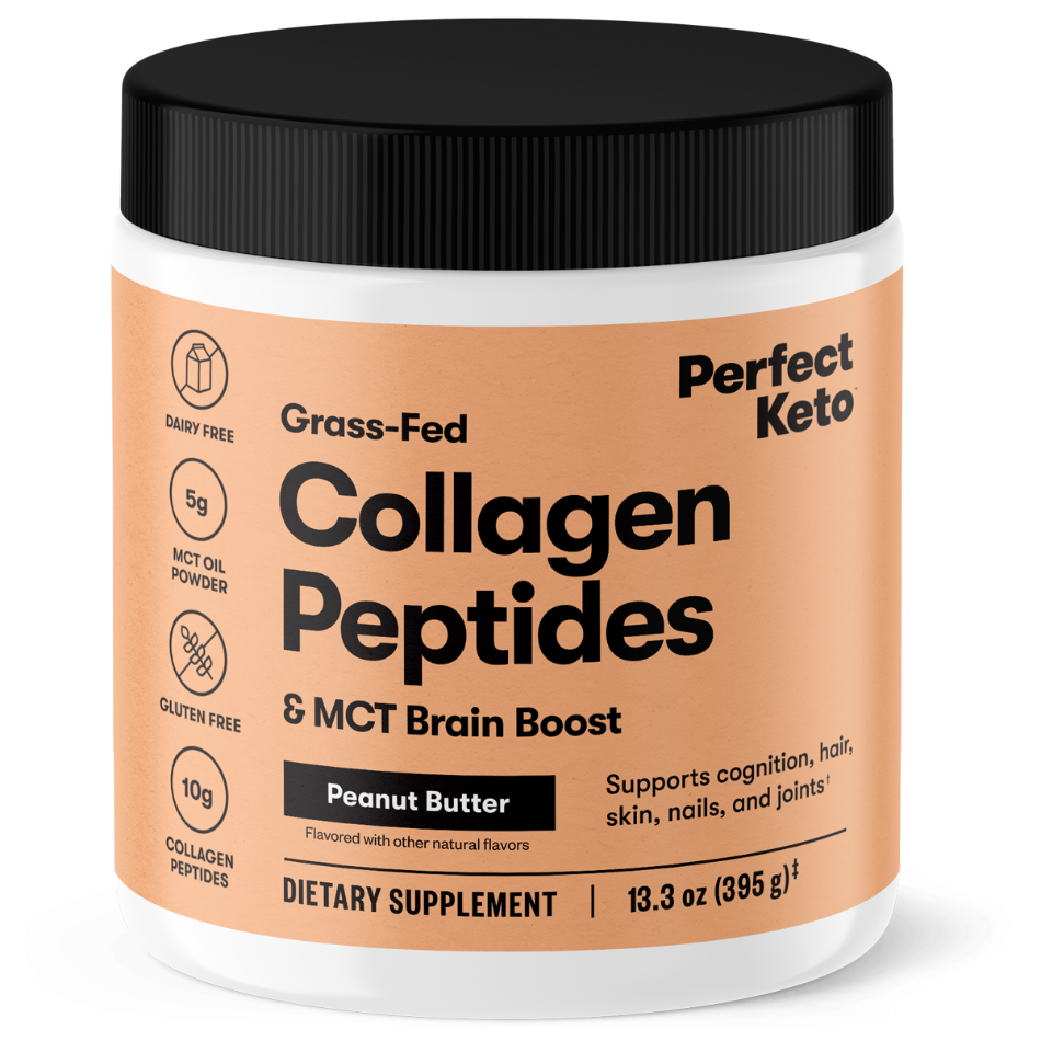 Jar of Perfect Keto Collagen Peptides & MCT Brain Boost in peanut butter flavor on a white background
