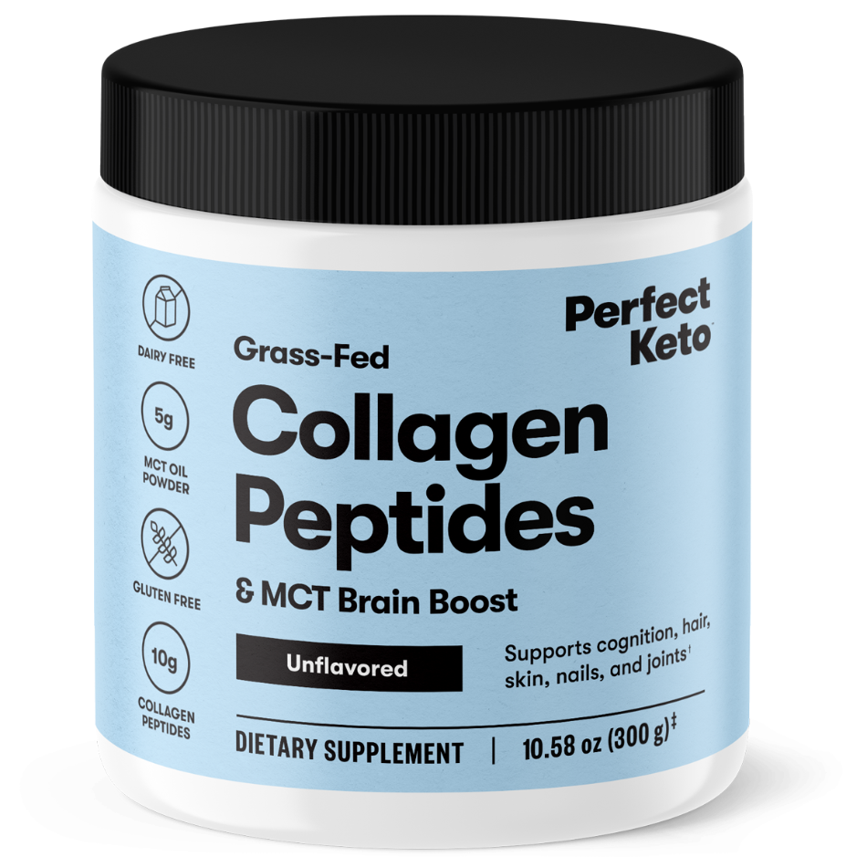 Jar of Perfect Keto Collagen Peptides with a black lid on a white background