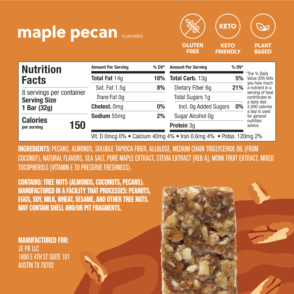 Maple pecan flavored bar with nutrition facts and ingredients on an orange background