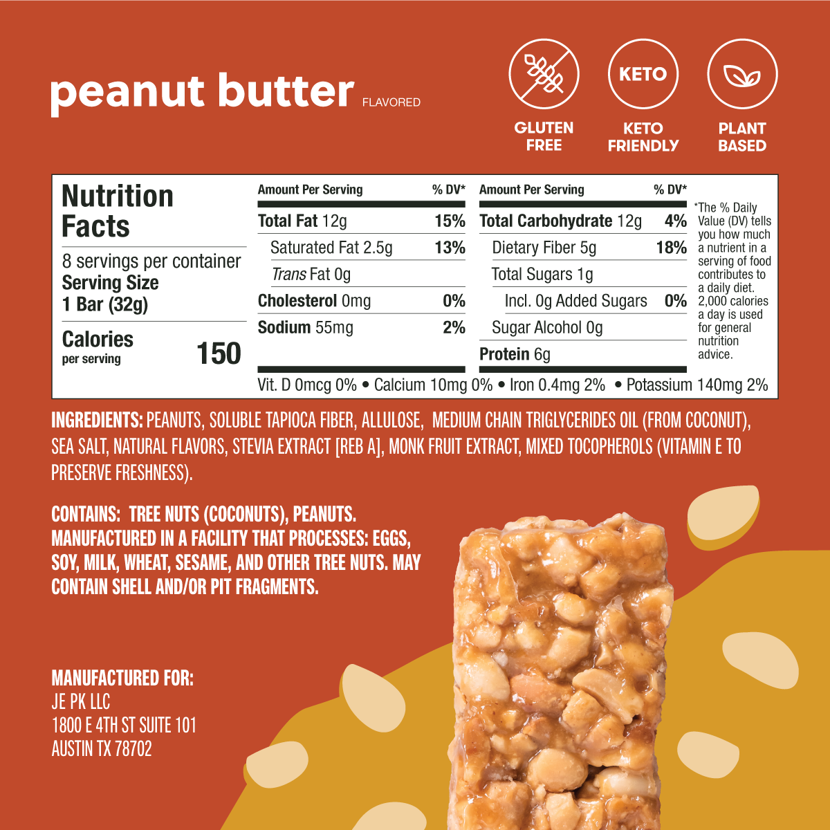 Peanut butter flavored bar with nutrition facts and ingredients on an orange background
