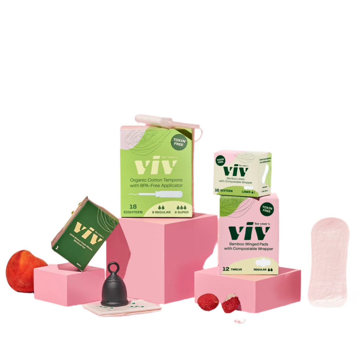 Viv organic cotton products with packaging on a white background