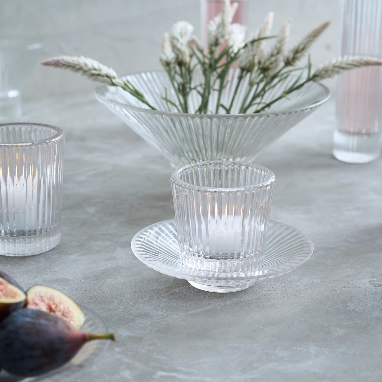 Ribbed Clear Glass Tealight / Votive Holders - Set of 4 - Sumiye Co