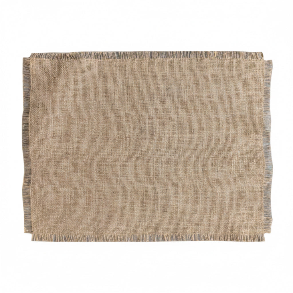 Textured jute placemat with fringes on a white background