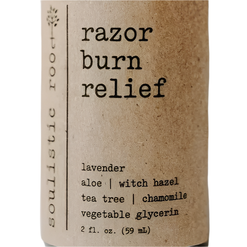 Razor burn relief product with ingredients listed on a kraft label