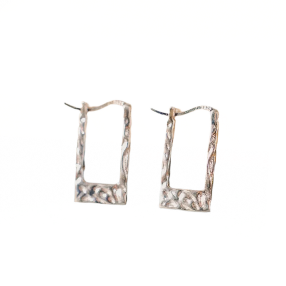 Pair of square hoop earrings with a textured finish on a white background