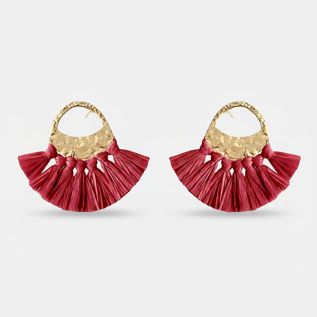 Red Raffia Fan Earrings-0
