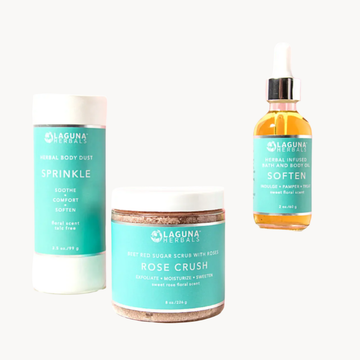 Laguna Herbs skincare products including a spray, scrub, and oil on a white background