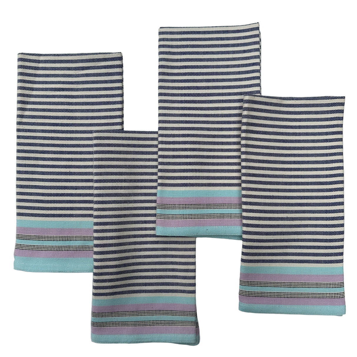 Set of four striped cloth napkins in blue, white, and purple on a white background