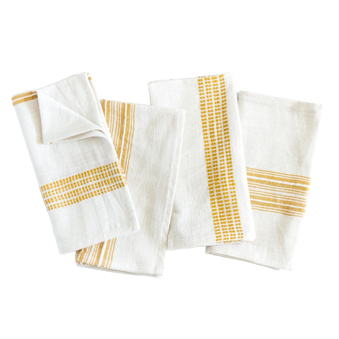 Set of white napkins with yellow striped patterns on a white background