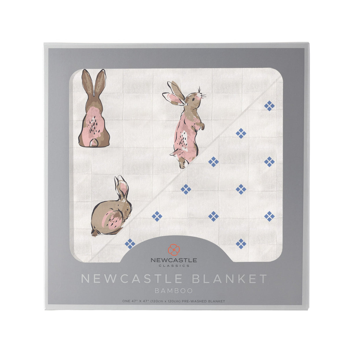 Powder Pink Bunnies and Periwinkle Diamond Polka Dot Bamboo Newcastle Blanket-0