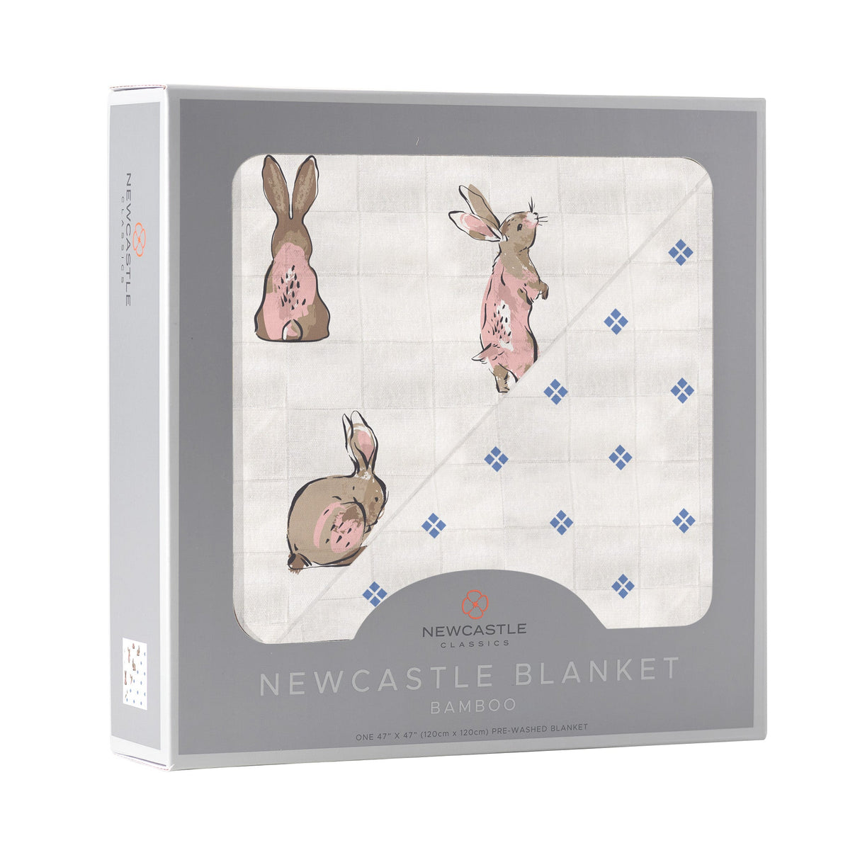 Powder Pink Bunnies and Periwinkle Diamond Polka Dot Bamboo Newcastle Blanket-1