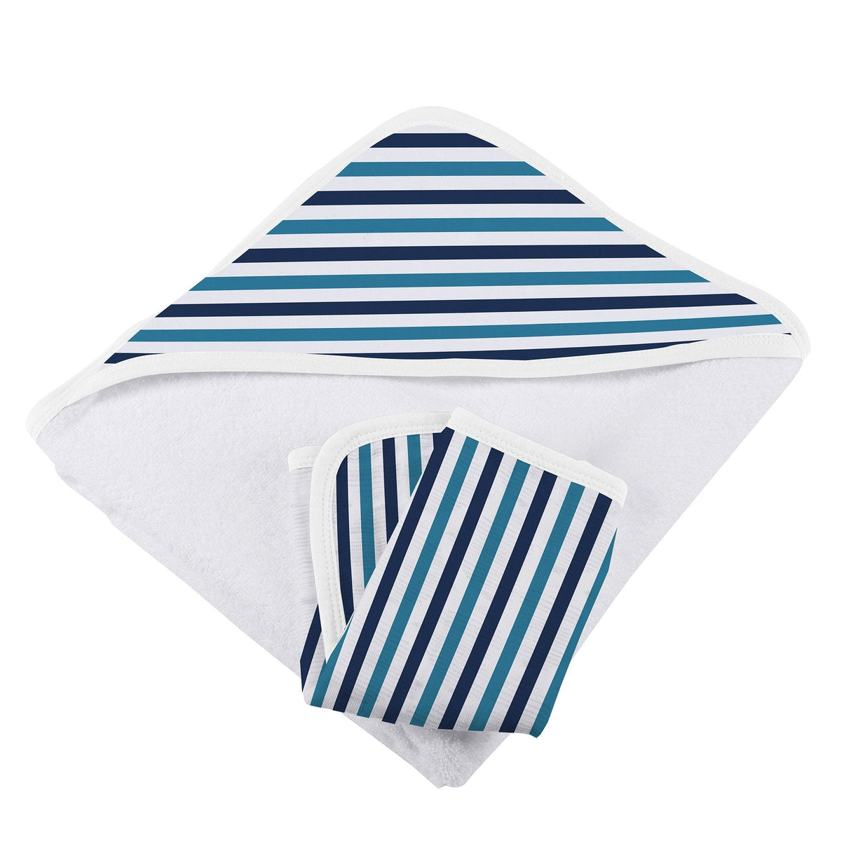 Blue and White Stripe Bamboo Hooded Towel and Washcloth Set-2