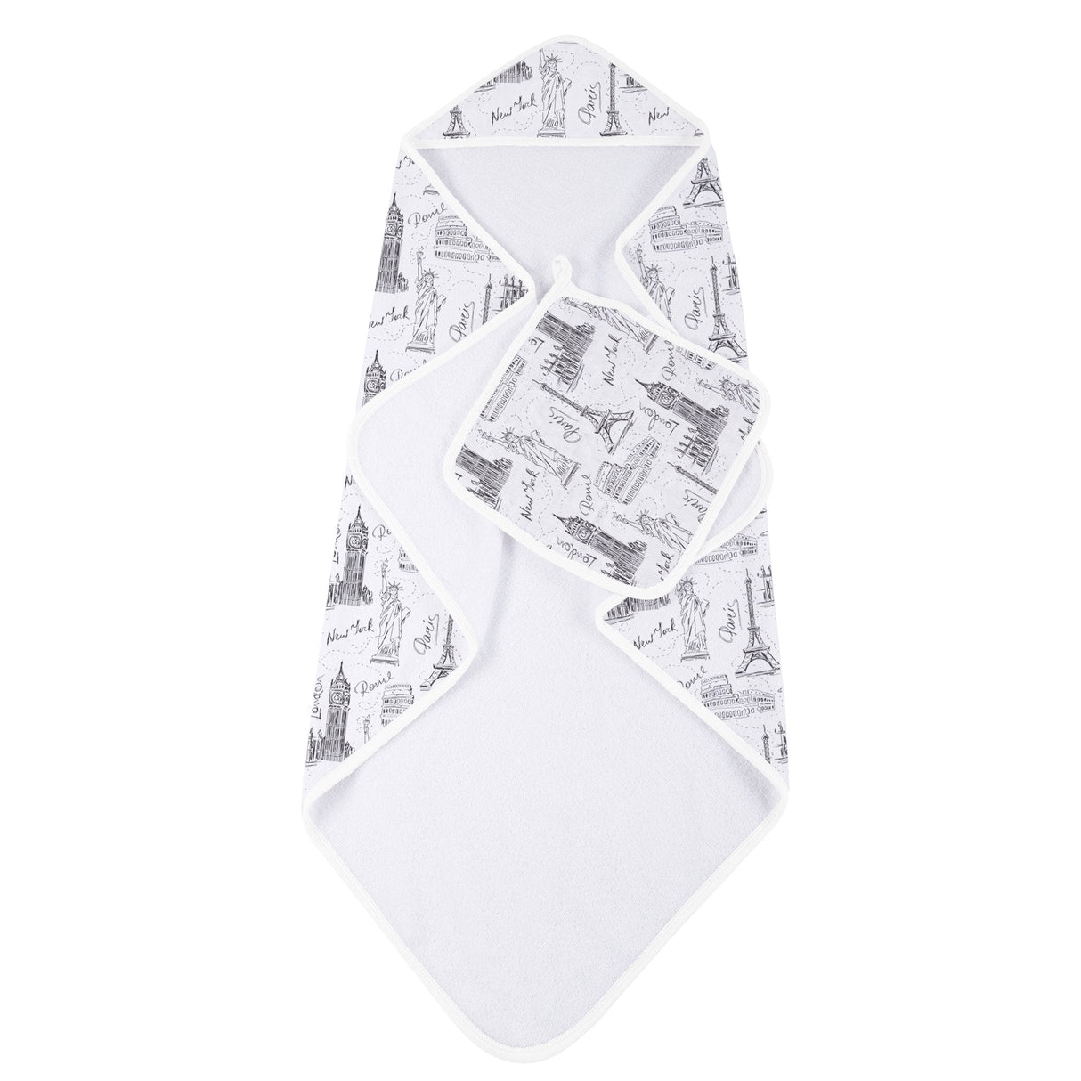London, Paris, New York Hooded Towel and Washcloth Set-1