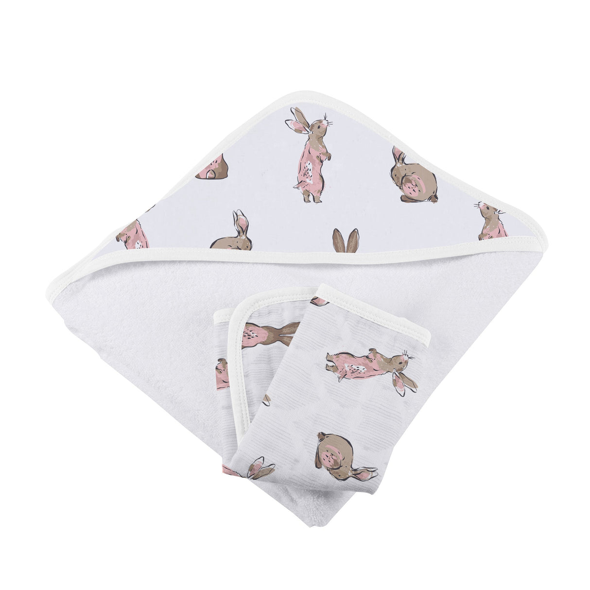 Powder Pink Bunnies Bamboo Hooded Towel and Washcloth Set-3