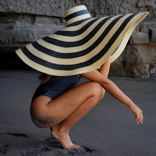 Oversized Striped Straw Hat in Black & Natural