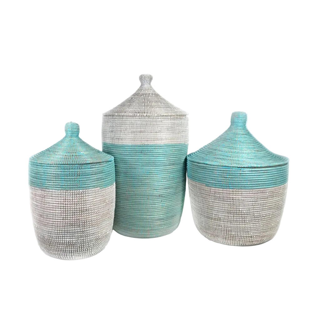 Low Storage Two-Tone Basket 23" x 19"- Turquoise + White - Sumiye Co