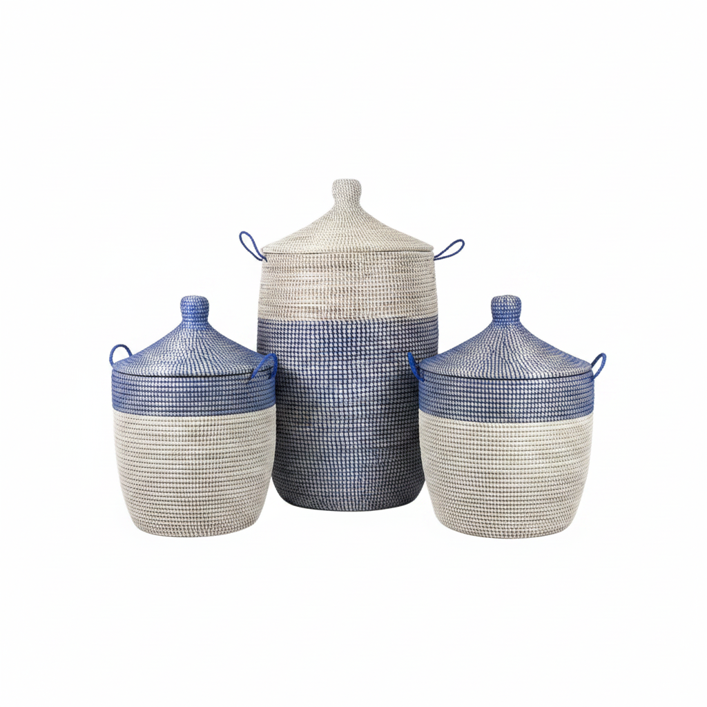 Three woven baskets with blue and white checkered lids on a white background