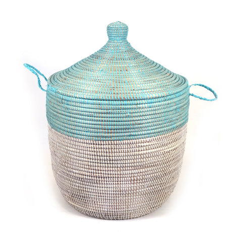 Low Storage Two-Tone Basket 23" x 19"- Turquoise + White - Sumiye Co