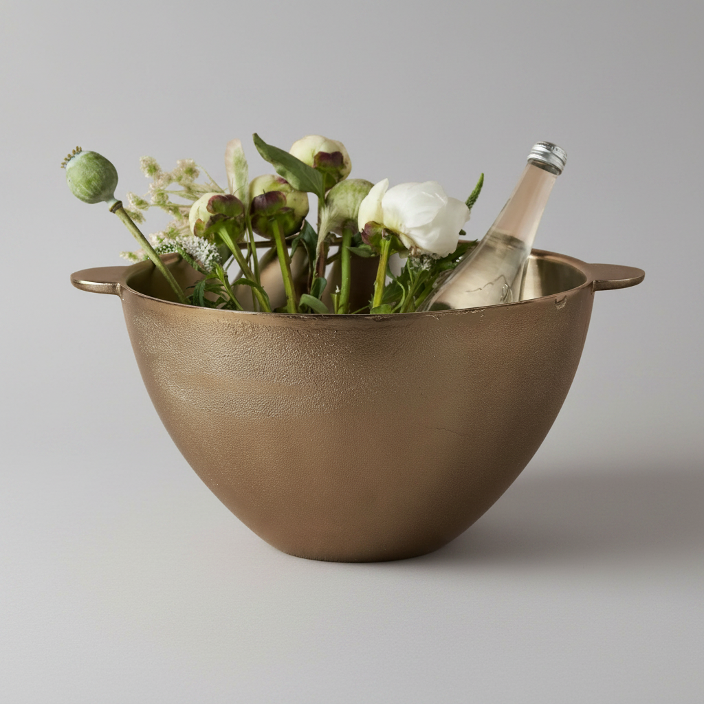 Bronze ice bucket with champagne bottle and flowers on a white background