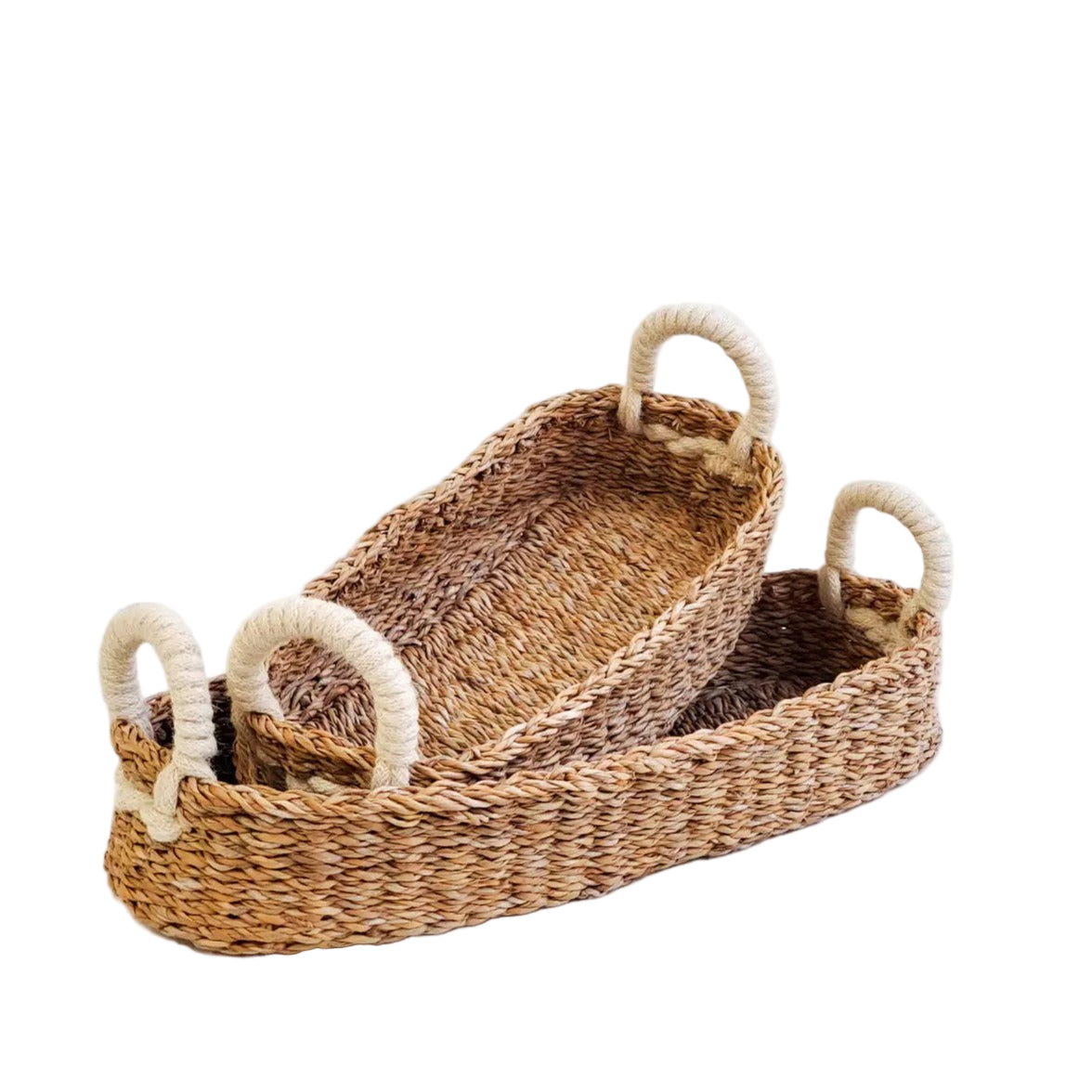 Set of two woven baskets with handles on a white background