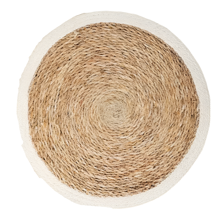 Set of round woven placemats with natural and beige colors on a white background