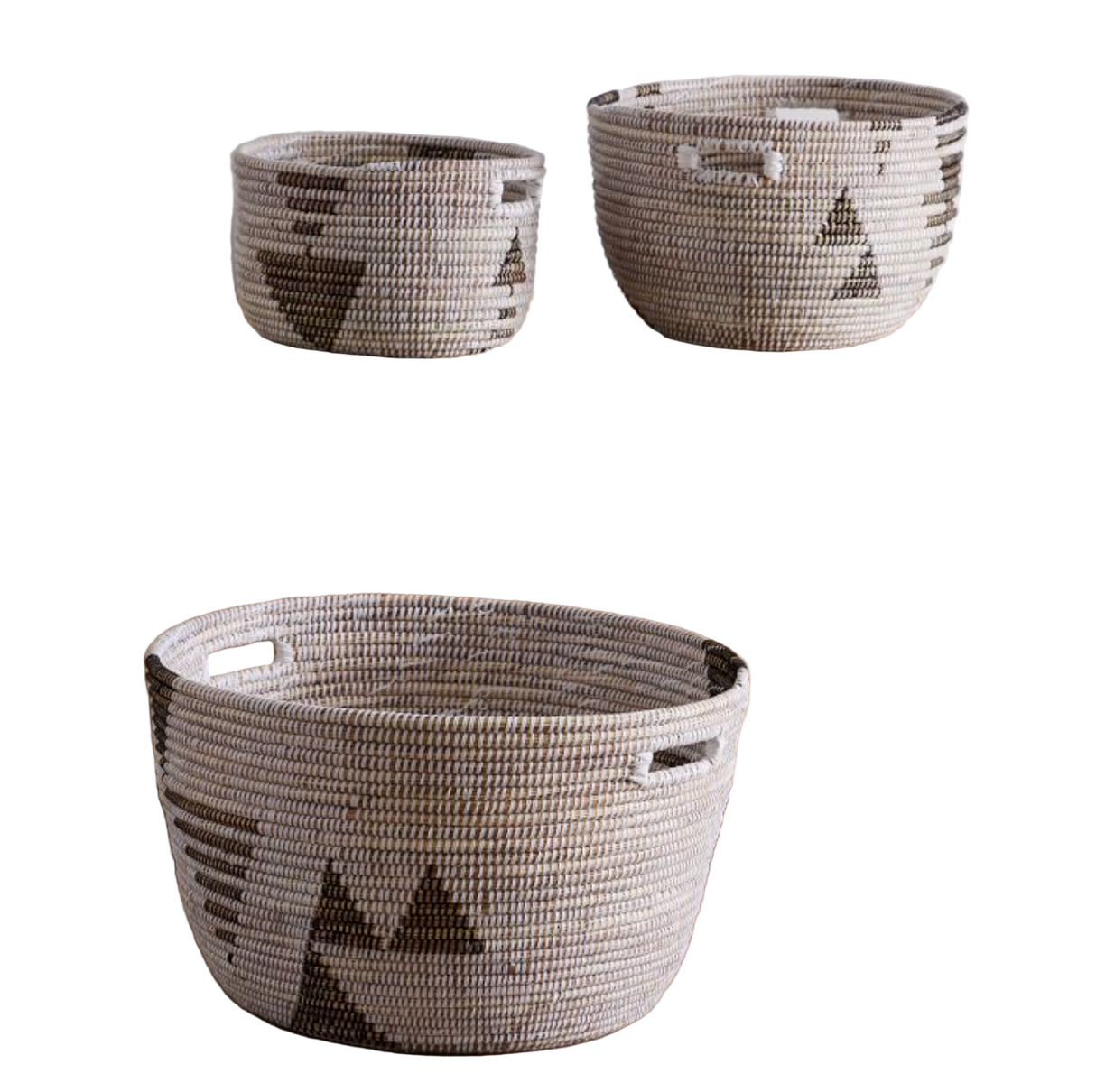 Three woven baskets with star patterns on a white background