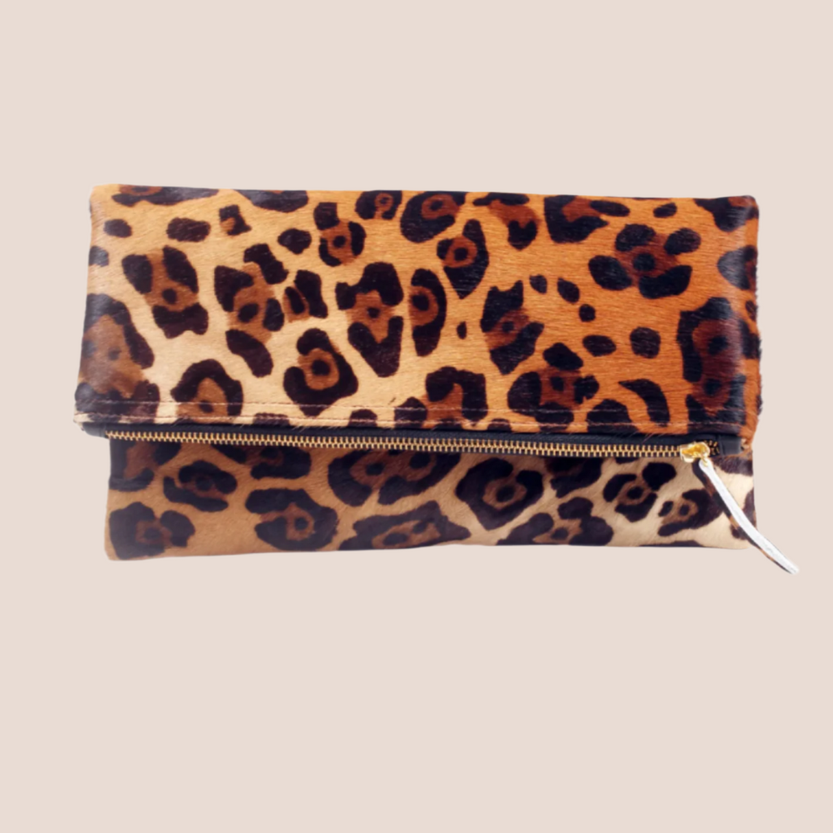 Leopard Print Leather Fold over Clutch | Ethically Sourced Hides - Sumiye Co