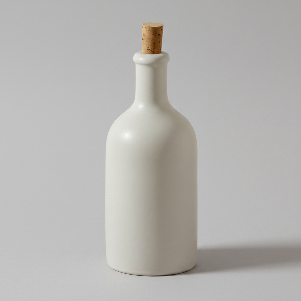 White ceramic bottle with cork stopper and two kiwis on a white background