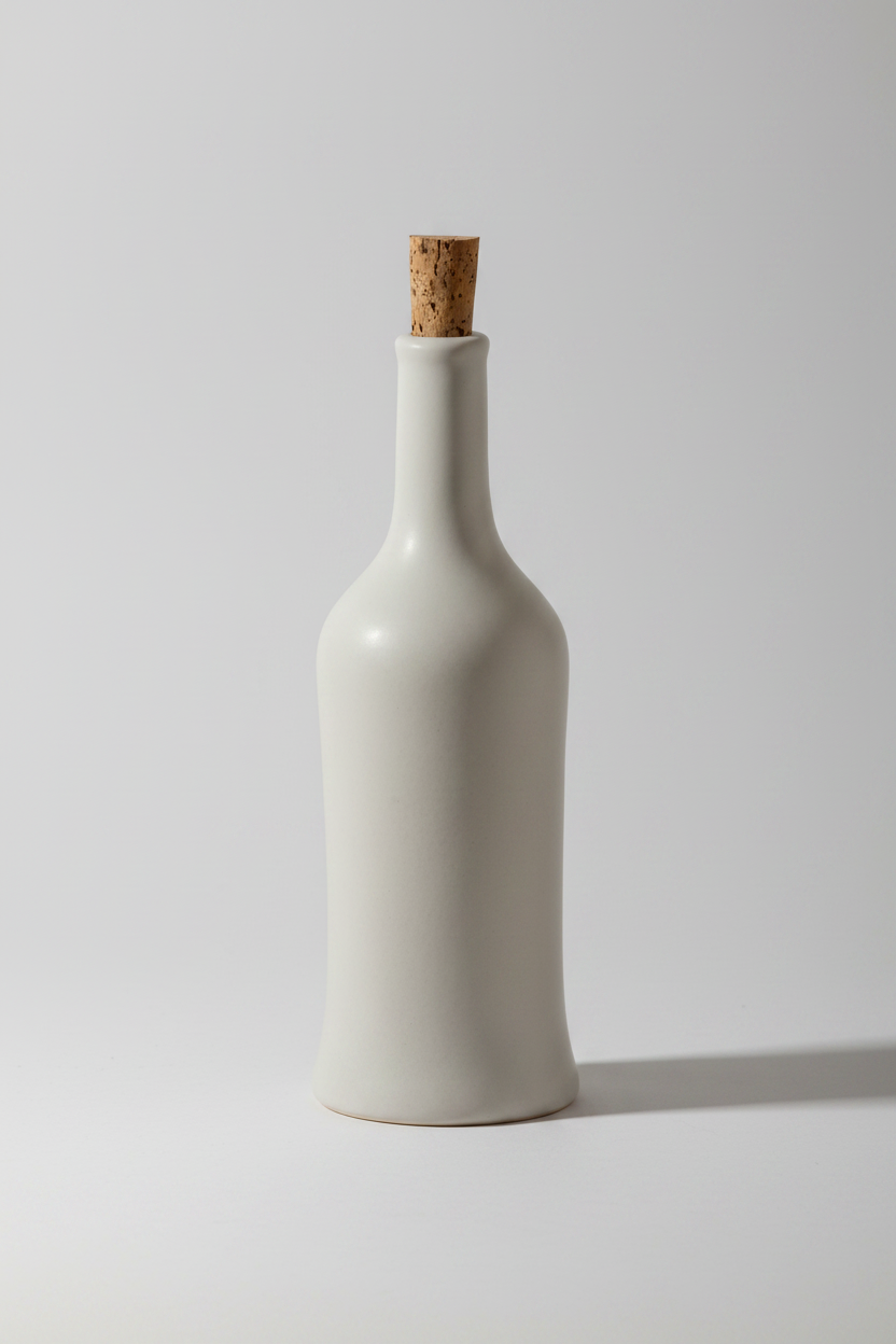 White ceramic bottle with a cork on a white background