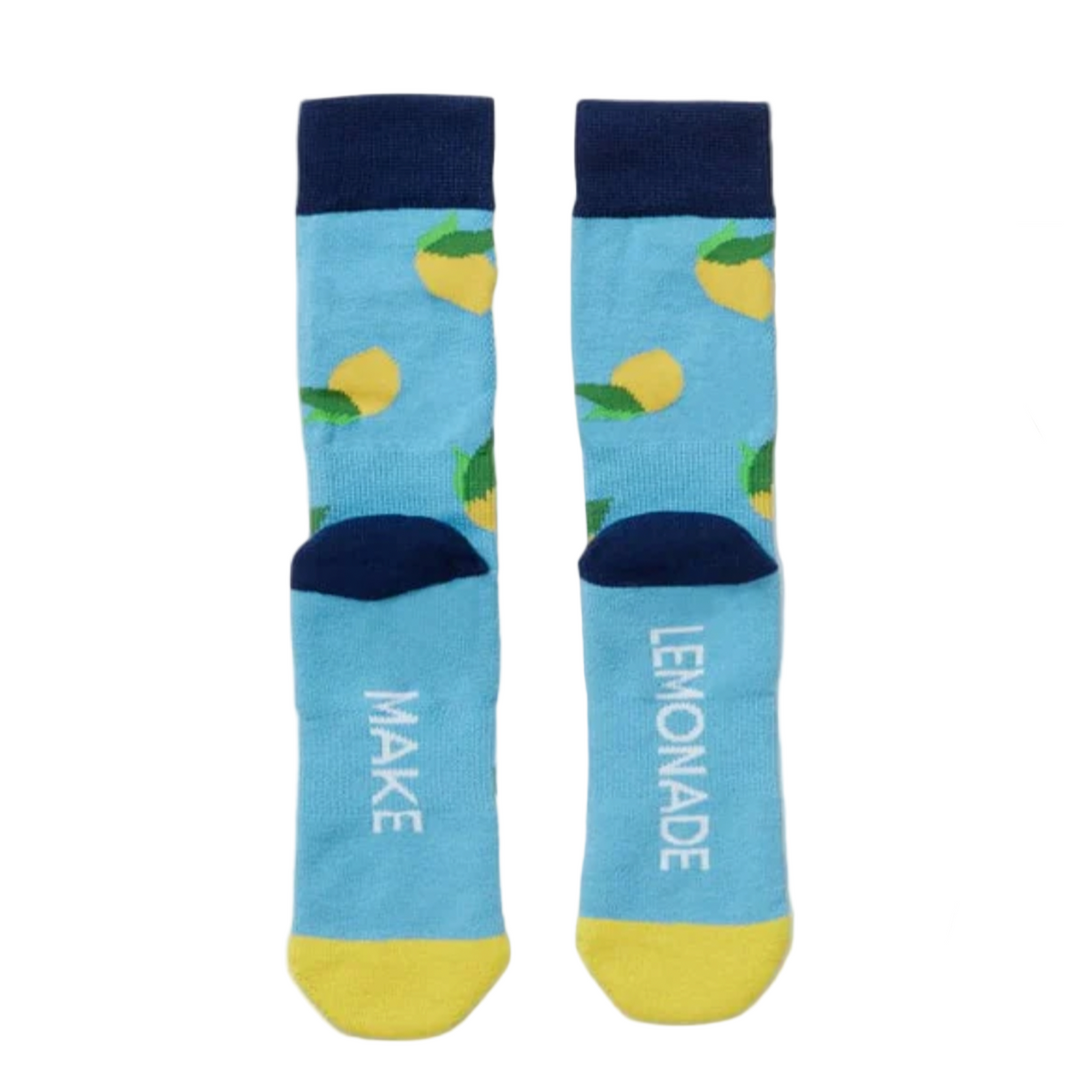 Blue socks with lemon design and 'MAKE LEMONADE' text
