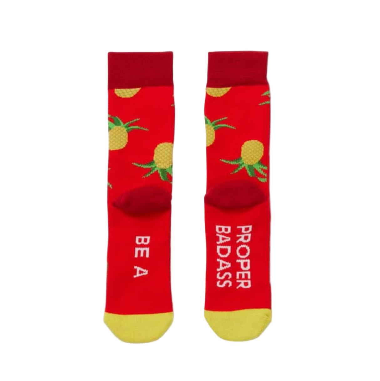 Red socks with pineapple pattern and text